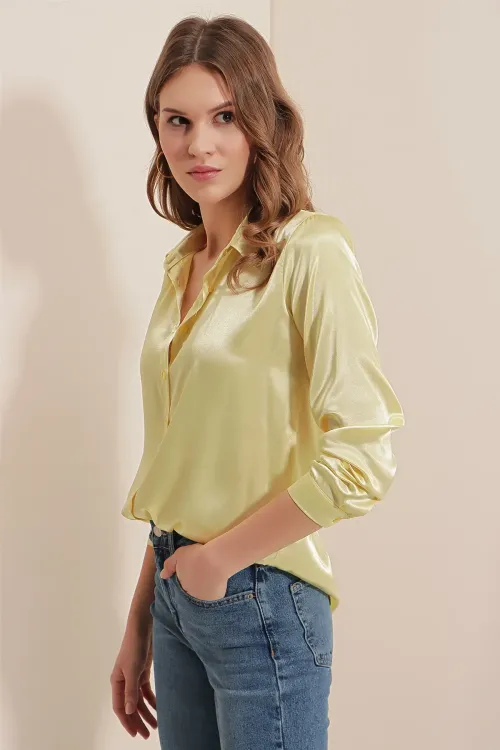 3964 Hafif Dökümlü Saten Gömlek - B.Sarı
