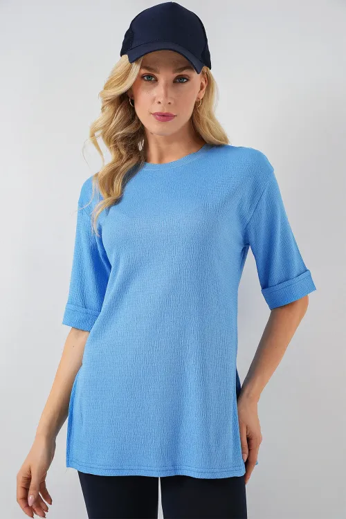 4332 Yanı Yırtmaçlı Örme Tişört - B.Mavi