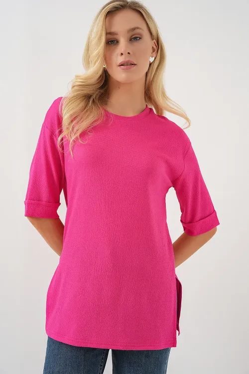 4332 Yanı Yırtmaçlı Örme Tişört - Fuşya