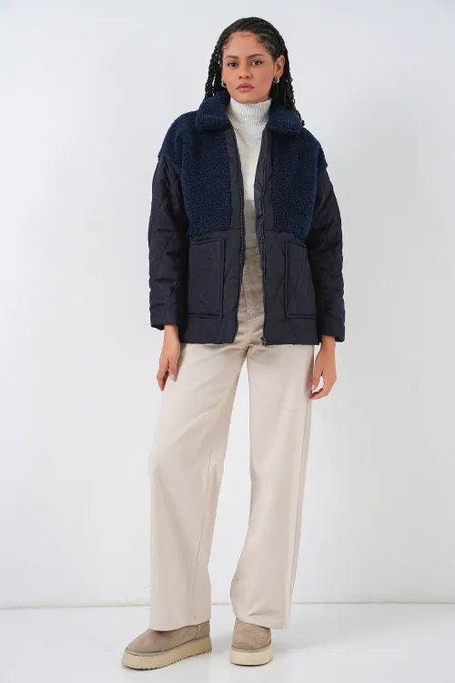 5182 Peluş Detaylı Oversize Şişme Mont - Lacivert