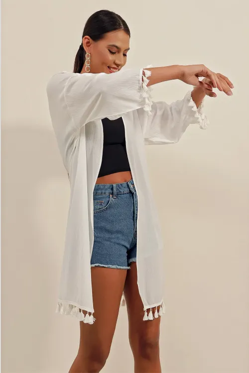 5833 Fırfırlı Kimono - Beyaz