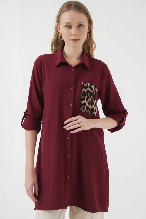 5851 Cep Detaylı Gömlek Tunik - Bordo