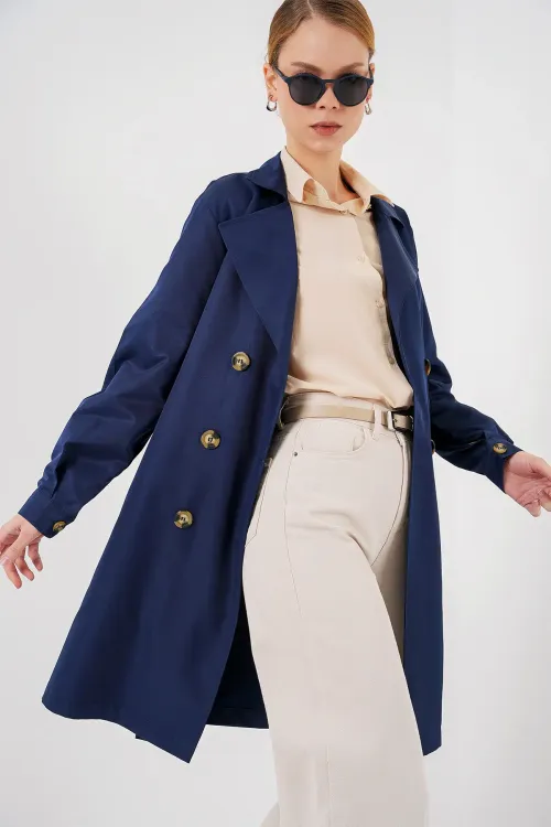 5864 Kruvaze Yaka Kısa Trençkot - Lacivert