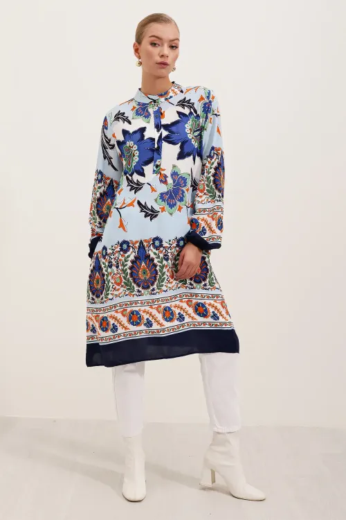 5903 Desenli Viskon Elbise - Lacivert