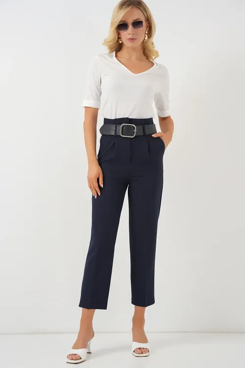 6556 Kemerli Kumaş Pantolon - Lacivert