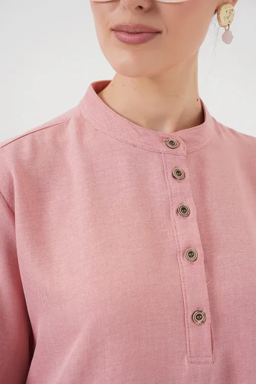 6678 Keten Tunik Pantolon İkili Takım - Pembe