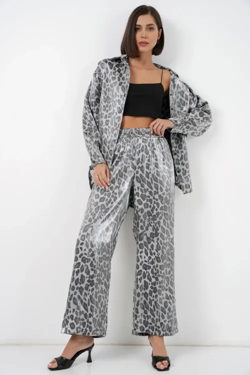 6699 Leopar Desenli Alt Üst Takım - Gri