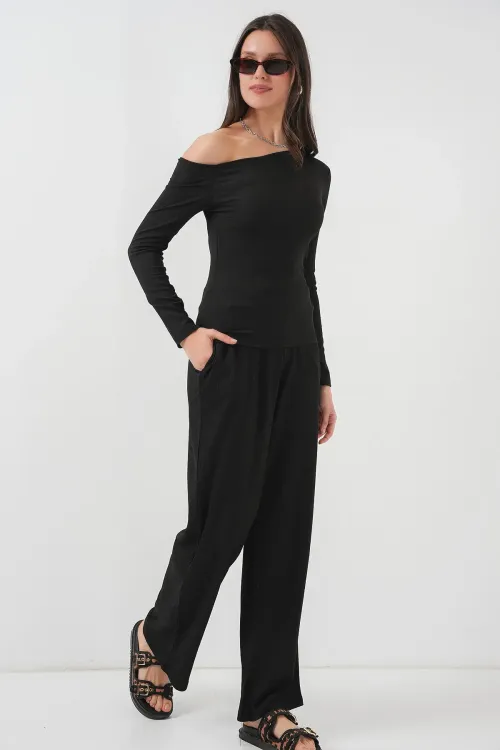 6708 Düşük Omuz Alt Üst Takım - Siyah