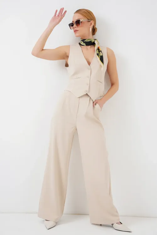 6709 Kadın Yelek Pantolon İkili Takım - Krem