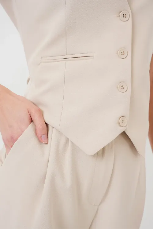 6709 Kadın Yelek Pantolon İkili Takım - Krem