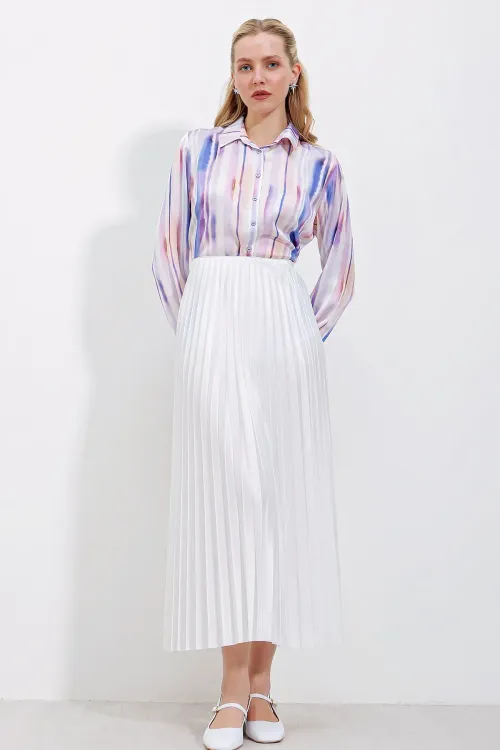 8009 Deri Görünümlü Piliseli Etek - Beyaz