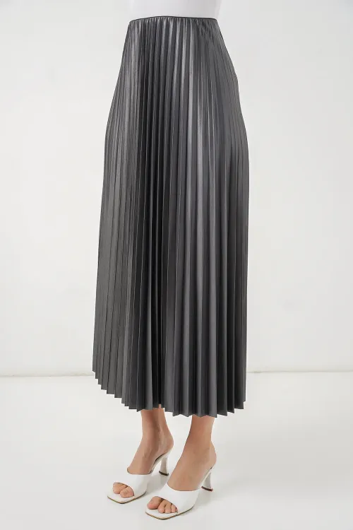 8009 Deri Görünümlü Piliseli Etek - Gri