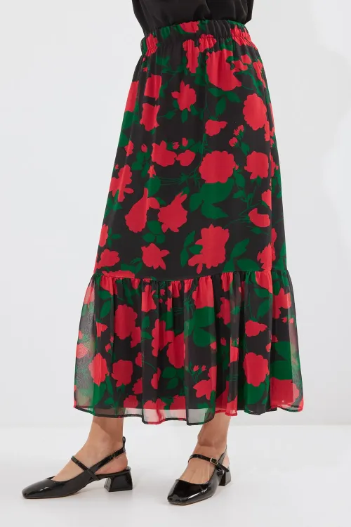 8010 Desenli Şifon Etek - F. Siyah