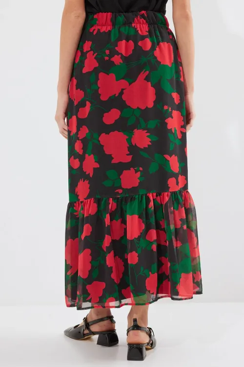 8010 Desenli Şifon Etek - F. Siyah