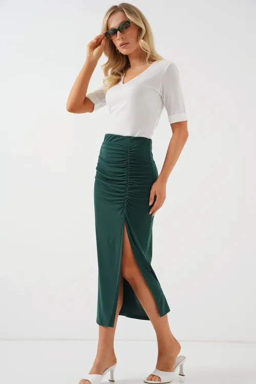 8033 Sandy Yırtmaçlı Etek - Zümrüt Yeşili