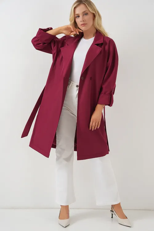 9104 Kruvaze Yaka Astarlı Trençkot - Bordo