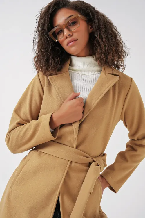 9118 Kruvaze Yaka Kaşe Kaban - Hardal