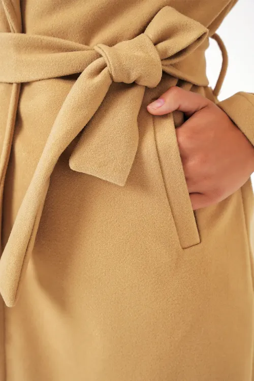 9118 Kruvaze Yaka Kaşe Kaban - Hardal