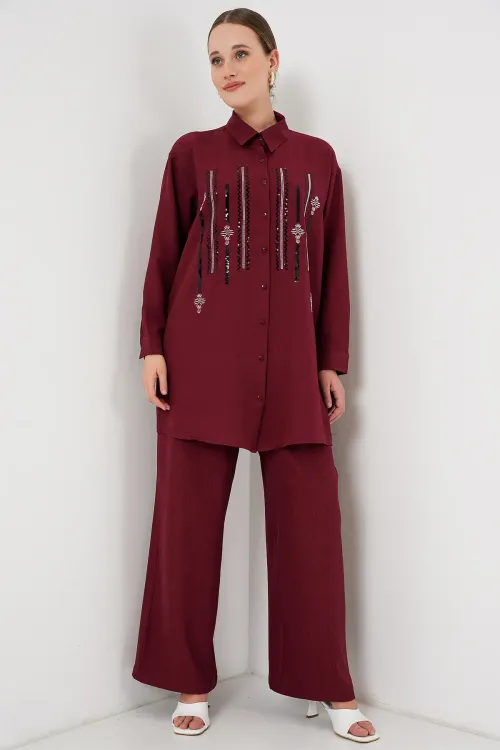 Desenli Tunik Pantolon İkili Takım 6720 - Bordo