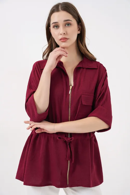 Fermuarlı Kadın Gömlek 0721 - Bordo