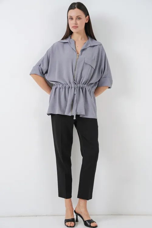 Fermuarlı Kadın Gömlek 0721 - Gri