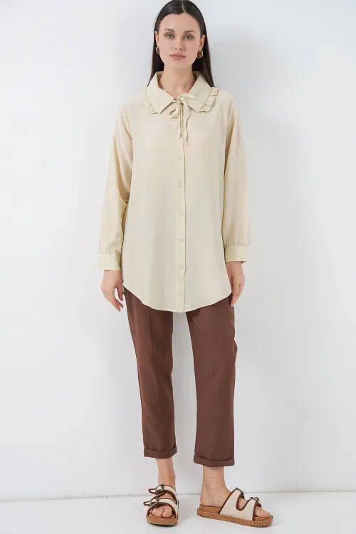 Fırfırlı Uzun Gömlek Tunik 5952 - Ekru