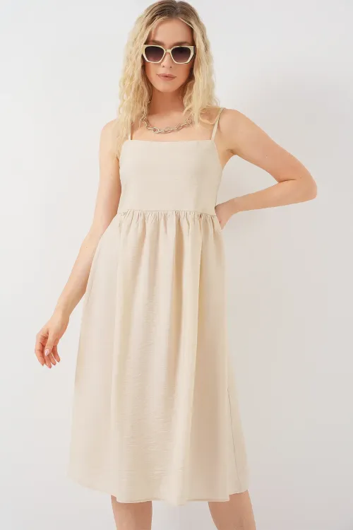 Kadın Askılı Ayrobin Elbise 2565 - Krem