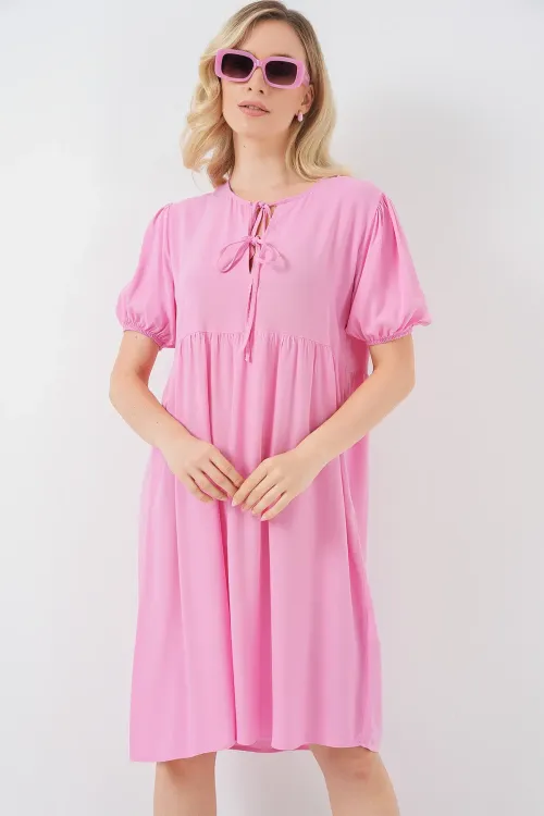 Kadın Bağcıklı Midi Elbise 2575 - Pembe