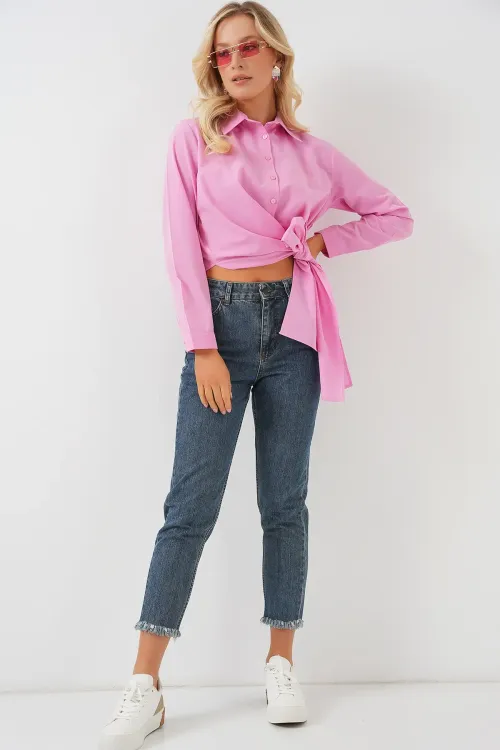 Kadın Bağlamalı Uzun Kol Gömlek 20325 - Pembe