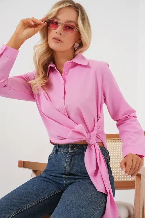 Kadın Bağlamalı Uzun Kol Gömlek 20325 - Pembe