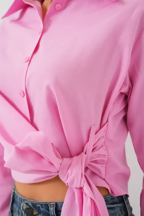 Kadın Bağlamalı Uzun Kol Gömlek 20325 - Pembe