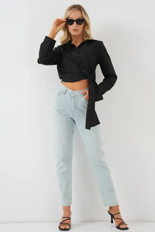 Kadın Bağlamalı Uzun Kol Gömlek 20325 - Siyah