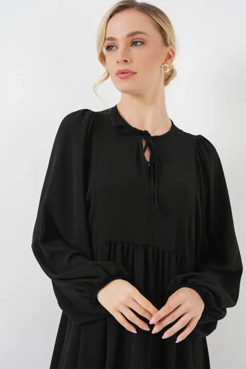 Kadın Balon Kol Uzun Tesettür Elbise 2464 - D. Siyah