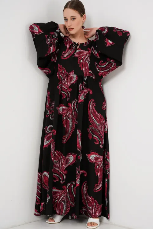 Kadın Balon Kol Uzun Tesettür Elbise 2464 - Y.Kırmızı