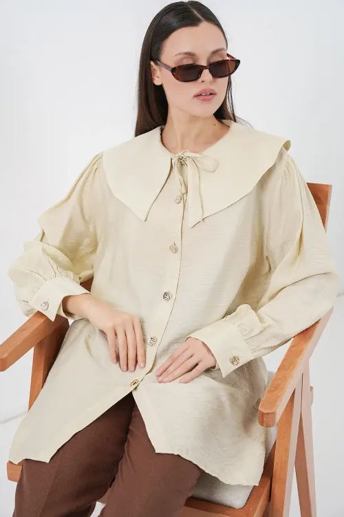 Kadın Bebe Yaka Uzun Tunik 5967 - Ekru