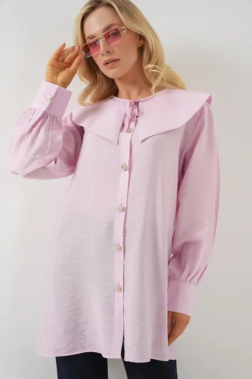 Kadın Bebe Yaka Uzun Tunik 5967 - Pudra
