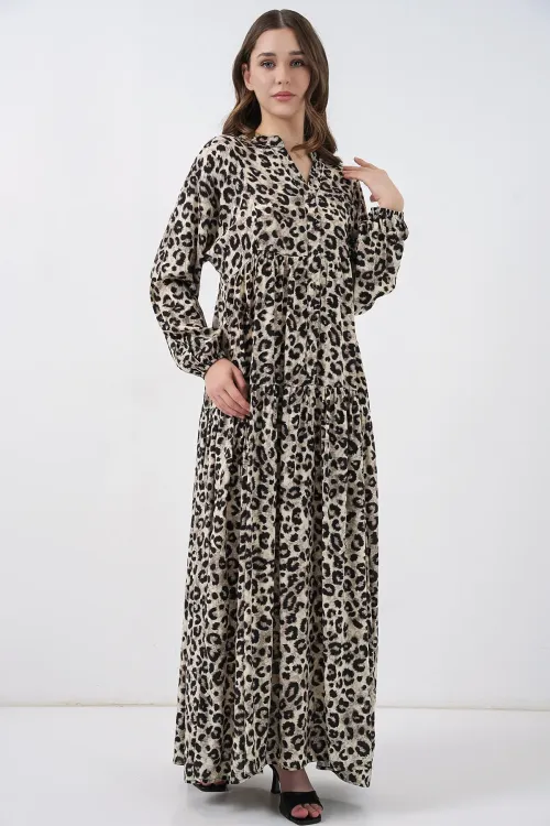 Kadın Bej Siyah Viskon Tesettür Elbise 2423