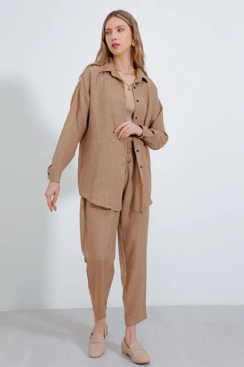 Kadın Camel Oversize Keten Alt Üst Takım 6622
