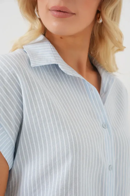 Kadın Çizgili Kısa Kol Gömlek 20324 - Açık Mavi