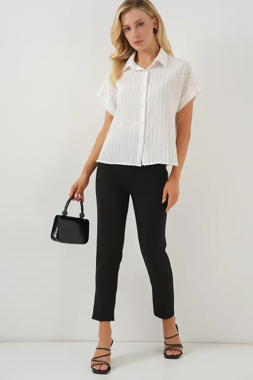 Kadın Çizgili Kısa Kol Gömlek 20327 - Beyaz