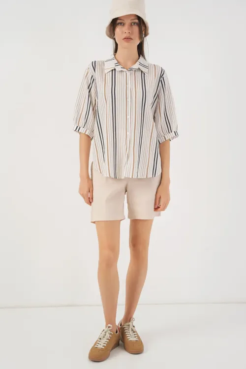 Kadın Çizgili Kısa Kol Gömlek 20345 - Bej
