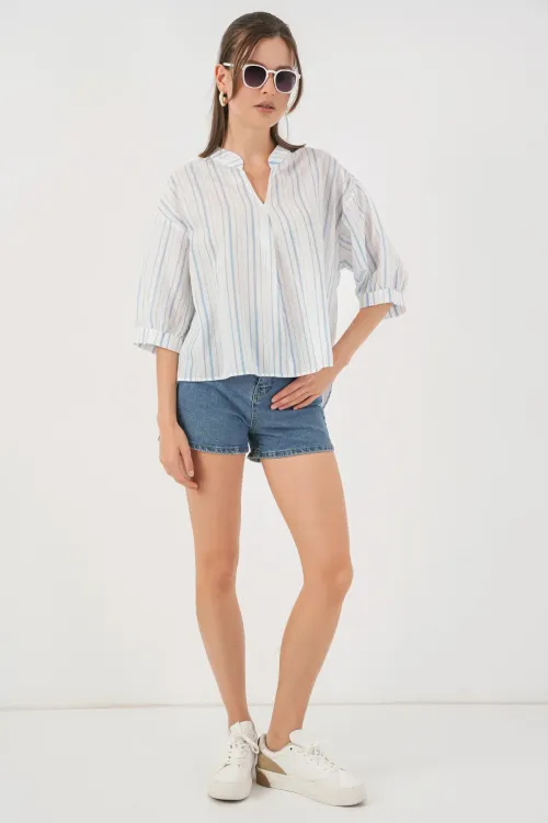 Kadın Çizgili Oversize Bluz 967 - A.Mavi