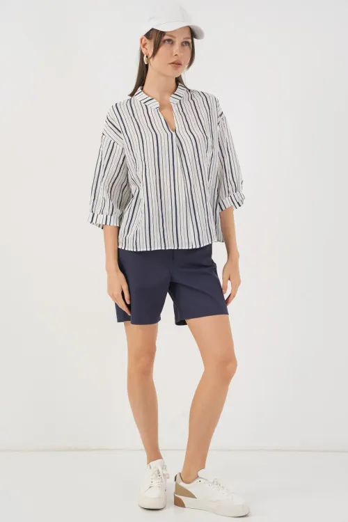 Kadın Çizgili Oversize Bluz 967 - F.Lacivert