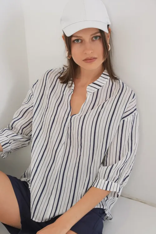 Kadın Çizgili Oversize Bluz 967 - F.Lacivert