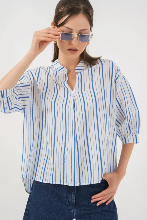 Kadın Çizgili Oversize Bluz 967 - Mavi