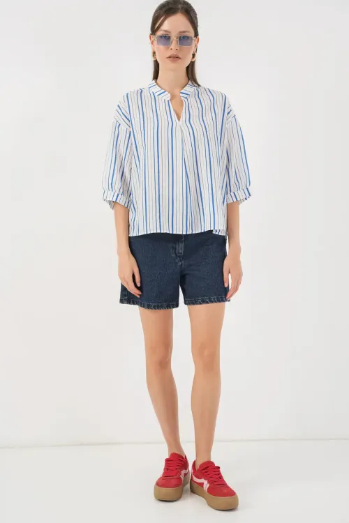 Kadın Çizgili Oversize Bluz 967 - Mavi
