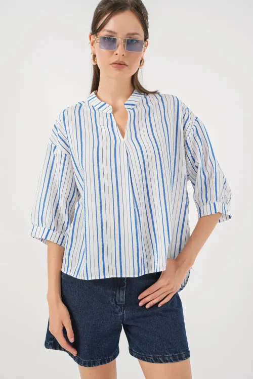 Kadın Çizgili Oversize Bluz 967 - Mavi