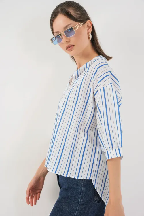 Kadın Çizgili Oversize Bluz 967 - Mavi