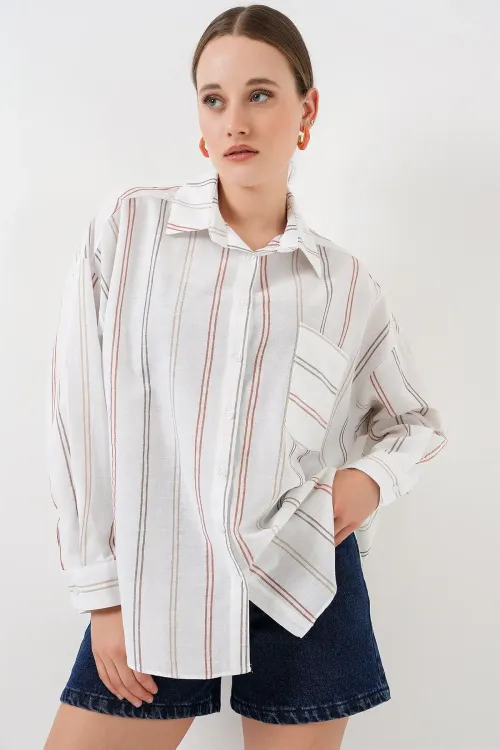 Kadın Çizgili Oversize Gömlek 20278 - B.Beyaz