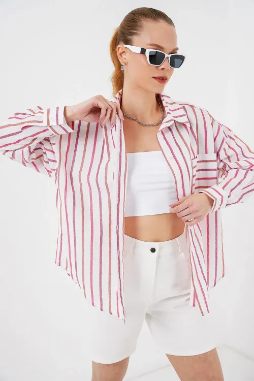 Kadın Çizgili Oversize Gömlek 20278 - Kırmızı